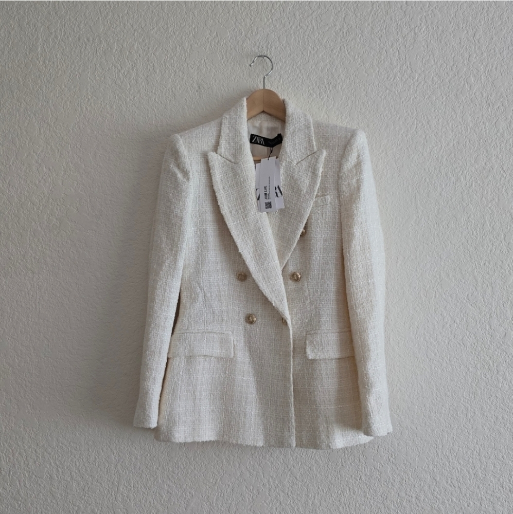 ZARA Tweed Textured Double Breasted Blazer gold buttons size S - Picture 16 of 16